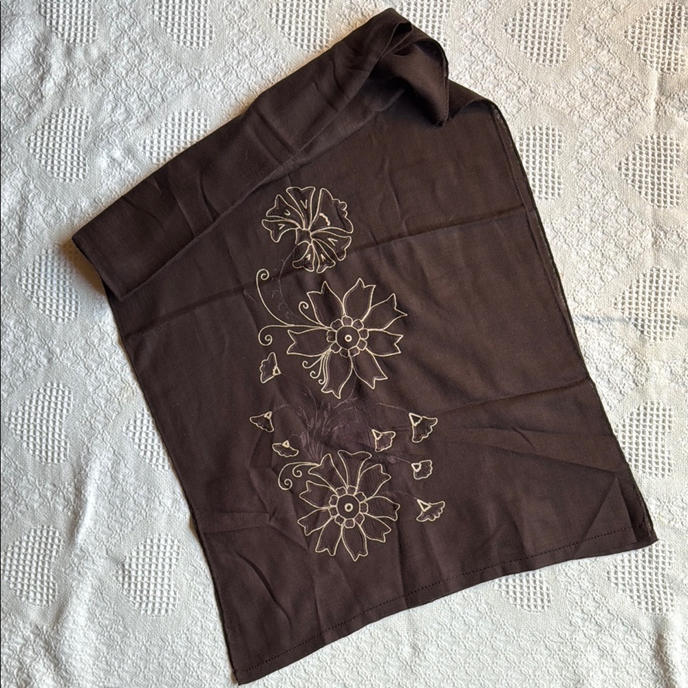 Brown Floral Embroidered Scarf
